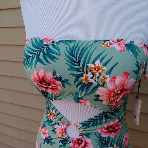 Shade & Shore One-Piece Bikini Green Floral Print NWT Underboob Cut-Out - Picture 5 of 14